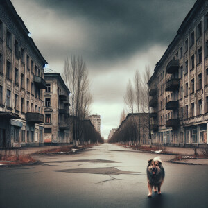 Old soviet city, gray sky, lonely dog wolking araund the street,...