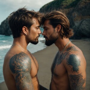 The image depicts two shirtless men with beards, kissing, standi...