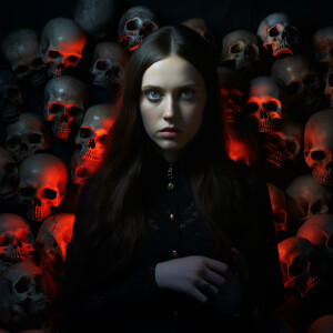 A haunting, hyperrealistic portrait of a pale young woman with l...