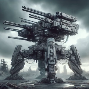 Generate a hyper-realistic image of a futuristic war machine.