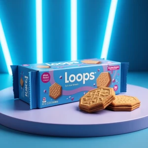 Imagem de um pacote de biscoitos moderna e futurista, nas cores...
