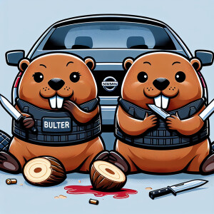 Милые бобры сидят и грызут автомобиль ниссан с ножами в лапах и...