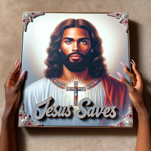 A 3D realistic artwork featuring the phrase 'Jesus Saves' adorne...