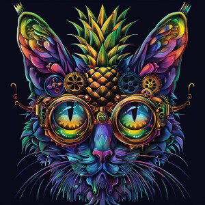 Create an intricate illustration of a female cat wearing steampu...