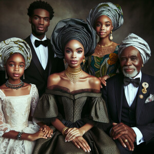 Intricately depicted is a regal Black family spanning generation...