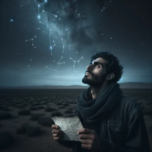 A person gazing up at a starry night with tired eyes , but with...