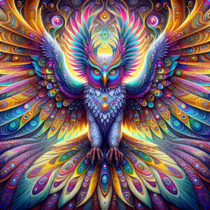 A brilliantly radiant Psychedelic harpy, dazzling in a vivid arr...