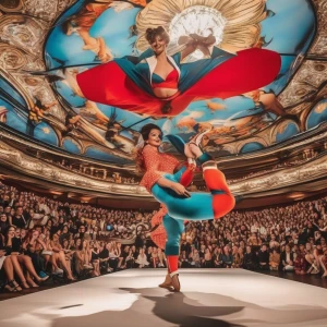 A fashion show with acrobats and munchkins as the audience
