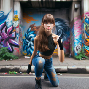 teenage girl, long brown hair and bangs, wearing tight skinny jeans and a halter top paint marks on her clothing, heroic pose Asian graffiti background, nearing on one knee