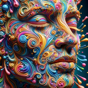 Create a 3D 8K UHD image of a large smiling face composed of fre...