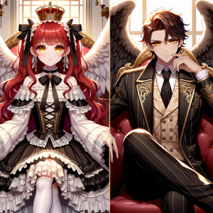 A girl with elegant gothic lolita dress sit beside handsome Lucifer, the girl has red wavy hair and golden eyes, thrones