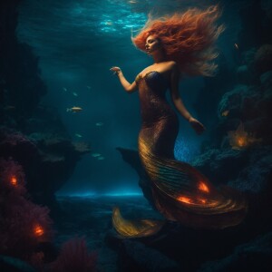 A grotesquely beautiful mermaid creature floats above the ocean...