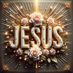 Create an elegant and celebratory image that radiates warmth and grace. At the forefront, craft the word "JESUS" in bold, 3D lettering with a luxurious mix of metallic sheen and white enamel, giving it a raised, tangible feel. Surround the text with a bouquet of beautifully rendered soft pink roses in full bloom, exuding a sense of peace and love. Include accents of gold leaf and small, radiant gemstones that gently scatter light. The backdrop should feature a radiant halo of golden rays emanating outward, enhancing the composition's divine atmosphere. The overall design should convey a sense of reverence and the beauty of faith, all harmoniously balanced and rich in texture.