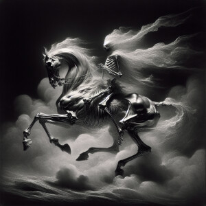 a skeleton riding on the back of a silver horse, by Darek Zabroc...