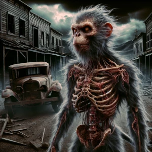 "A nightmarish humanoid monkey with a grotesque and skeletal bod...