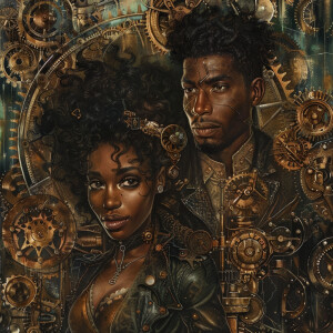 An Afrocentric couple navigating a steampunk world filled with g...