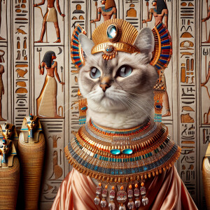 A cat in ancient Egypt dressed like an ancient Egyptian, queen....