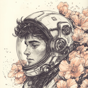 ink style , back and white , pen ,ink bottle , sketch , A young...