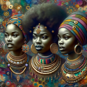 An image of three charming attractive curvy African American brown skin tone women, each one has different hairstyles fashion models together multiple necklaces rings, 4K HDR action painting colorful background