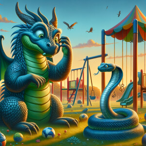 Imagine a playground with colorful structures and vibrant green grass. In the center, there is a large dragon, looking perplexed, scratching its head with one claw. Its scales shimmer in shades of blue and green, while its wings are spread out behind it. The dragon stands next to a cobra, which is also confused, coiled up with its head slightly raised. The cobra is gazing at the dragon, its hood flared out in curiosity. Both creatures seem to be in a playful mood, surrounded by swings, slides, and other playground equipment.