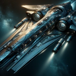 An imposing, sleek interstellar ship glows with an otherworldly...