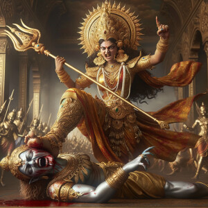 photograph of angry looking, indian goddess trampling a defeated...