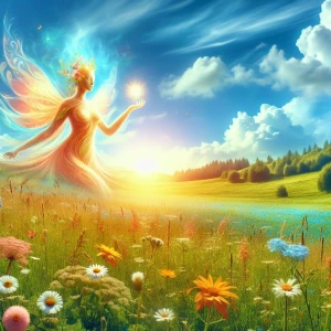 scene depicting a tranquil, sunlit meadow, where a gentle breeze...