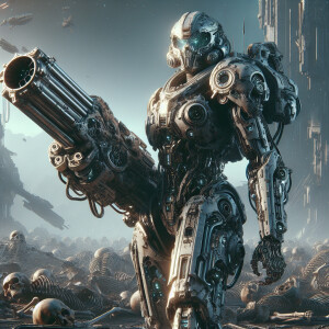A female robot warrior standing over a pile of skeleton bones ho...