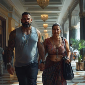 Hyperrealistic art style.A sweaty beefy man walking with his 54...