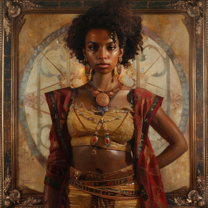 Classical painting of an Afro-Indian warrior queen, draped in ri...