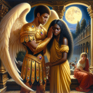 Create an oil painting image featuring a male angel and a grievi...