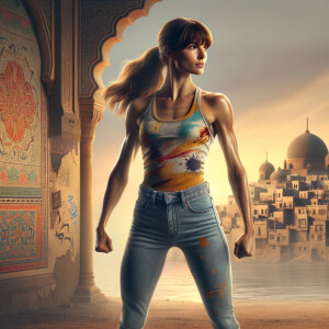 Athletic Thin skinny Attractive, Asian teenage girl, long brown hair and bangs, wearing tight skinny jeans and a halter top paint marks on her clothing, heroic pose Asian graffiti background,  backside view