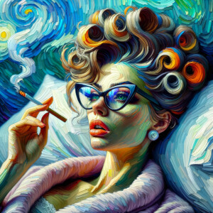 Woman with big 1950s hair and cat eye glasses, smoking a cigarette in bed.