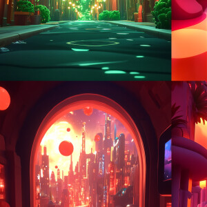 Light neon, futuristic cityscape, bioluminescent plants, hologra...