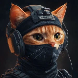 A wide-eyed ginger cat wearing a black tactical balaclava (or ma...