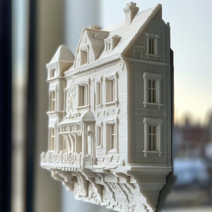 3D printed scale model of a house being displayed as art on a wall