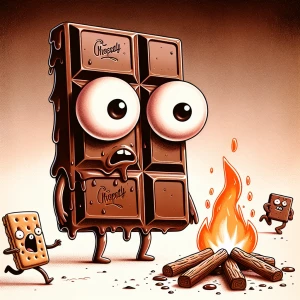 Create an image of a worried anthropomorphic chocolate bar with...
