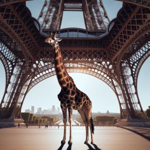 A giraffe standing in front of eiffel tower