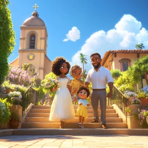 Create an animated Pixar image of a beautiful happy African American family walking up the steps of a church