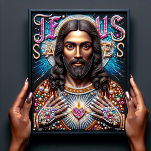 A 3D realistic artwork featuring the phrase 'Jesus Saves' adorne...