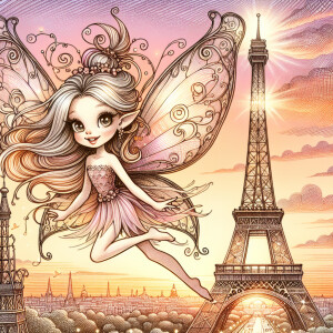 Generate a sketch of fairy hanging around Effel Tower