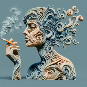 A crackled acrylic paint portrait of a lady smoking a cigarette...