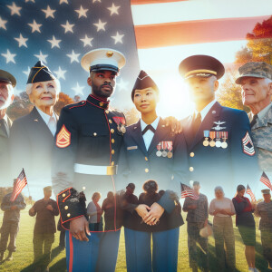 Create a heartfelt image honoring Veterans Day, featuring a grou...