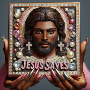 A 3D realistic artwork featuring the phrase 'Jesus Saves' adorne...