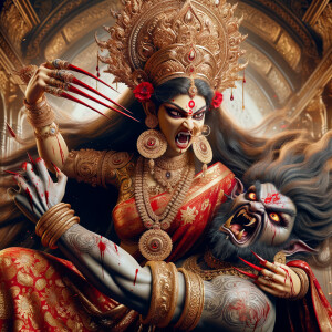 portrait of angry looking goddess durga  carrying a chubby mahishasur in her arms and poking him with her amazingly long red fingernails. She is wearing a huge gold crown, red saree, abundant  gold jewelry, covered in blood. The scene is set in ancient India. The image is 8K resolution, cinematic, ultra detailed face and epic.