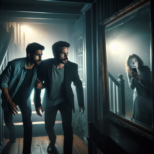 Two men and one woman, while in a scary house, found a gloomy mi...
