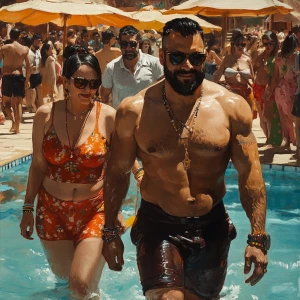 realism  style art 1:1,a muscular beefy sweaty man walking  with...