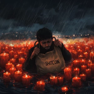 man holding a heavy bag labeled "SHITCOIN" while drowning in a s...