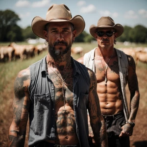 Tattooed Men without shirts doing farm work in the Texas Hot sun