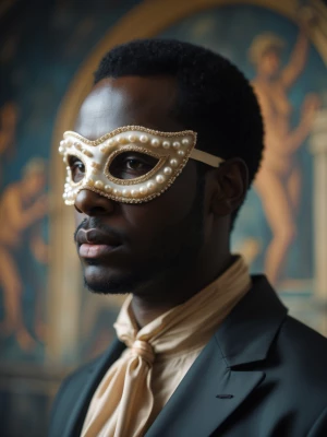 A blurred, artistic portrait of a Black man with a pearl masquer...
